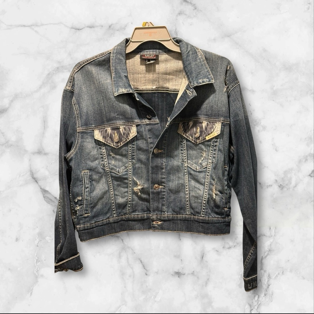 Ariat Women's Medium Chimayo Aztec & Burbank Denim Jacket Distressed NWOT - Picture 1 of 7